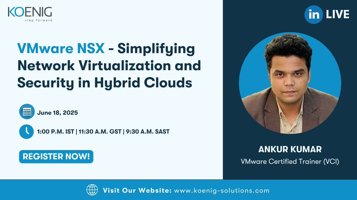 KoenigSolutions's tweet image. 🚀 Unlock Network Virtualization! 
 Join @KoenigSolutions & @VMware trainer Ankur Kumar LIVE on LinkedIn to explore VMware NSX. 
Register now: linkedin.com/events/vmwaren…  
Explore more: koenig-solutions.com/upcoming-webin…
#VMwareNSX #HybridCloud #NetworkVirtualization #CloudSecurity