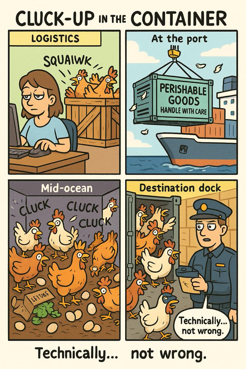 ODeXGlobal's tweet image. Label says “Perishables.”

Customs expects produce. Surprise: It’s live chickens.

Cue panic, paperwork, and some very loud cargo.

With ODeX, cargo declarations are clear, digital, and compliant — so you don’t end up in a feathered fiasco.

#LogisticsLife #ODeXForAccuracy