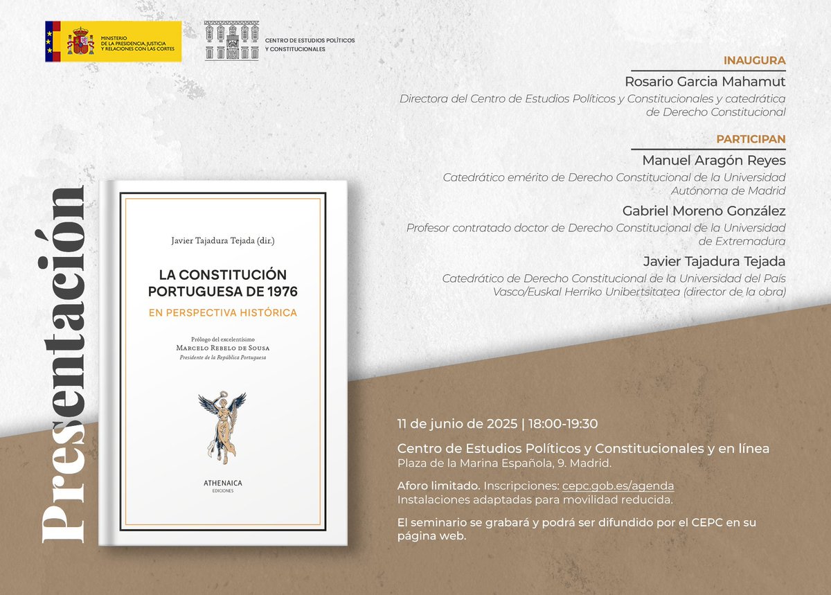 Gabriel Moreno (@gabri91mg) on Twitter photo Nos vemos este miércoles en el <a href="/cepcgob/">Centro de Estudios Políticos y Constitucionales</a> con Manuel Aragón y Javier Tajadura para hablar de un tema que a los tres nos apasiona: el sistema político y constitucional nacido de la Revolución de los Claveles en Portugal.
Más información e inscripciones:
cepc.gob.es/agenda/present… Nos vemos este miércoles en el <a href="/cepcgob/">Centro de Estudios Políticos y Constitucionales</a> con Manuel Aragón y Javier Tajadura para hablar de un tema que a los tres nos apasiona: el sistema político y constitucional nacido de la Revolución de los Claveles en Portugal.
Más información e inscripciones:
cepc.gob.es/agenda/present…