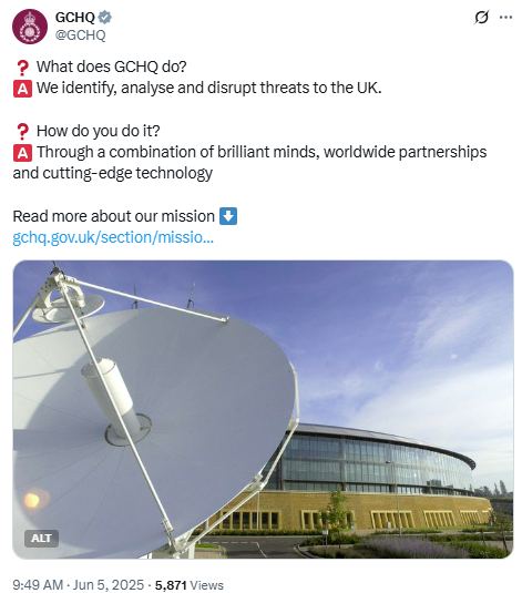 declassifiedUK's tweet photo. What role is the UK's largest intelligence agenda playing in support of Israel❓

The secret state thinks we have no right to know.

GCHQ tries to convey a cuddly, transparent image. But it doesn't even publicly acknowledge its spy bases on Cyprus (and in Oman). https://t.co/l2HdpX1MZJ