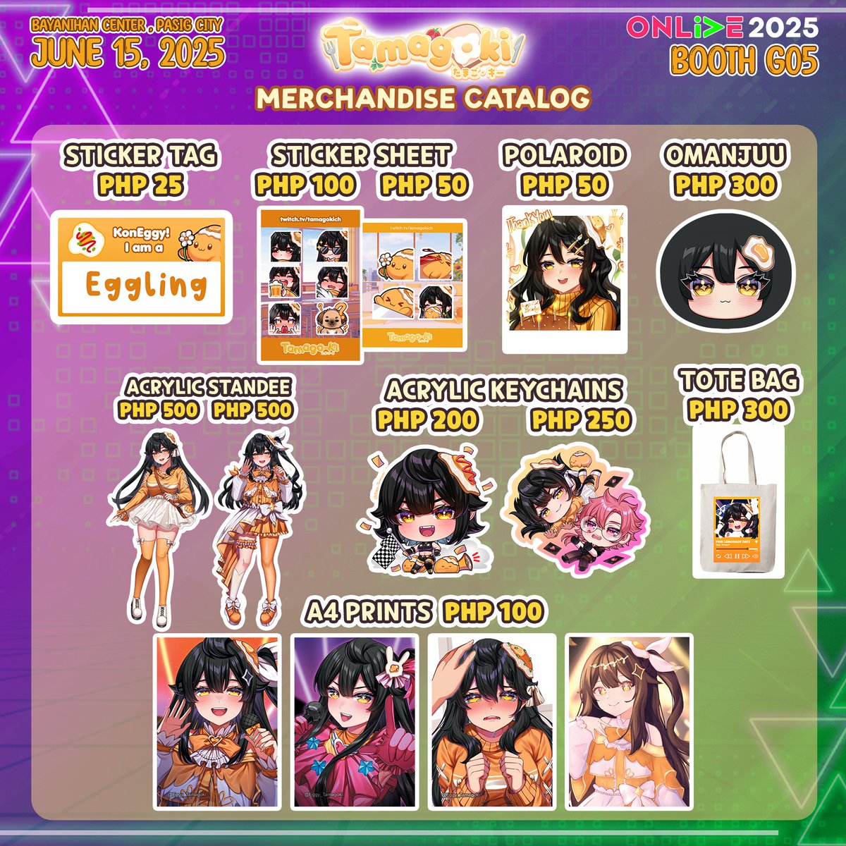 ✨ONLIVE MERCH CATALOG✨
Wanna get some eggy merch? Please come visit our booth at G05!

Gifts and fanletters are also accepted at the booth! Please label/plastic them correctly if its food! 💛
#EggyONLIVE2025