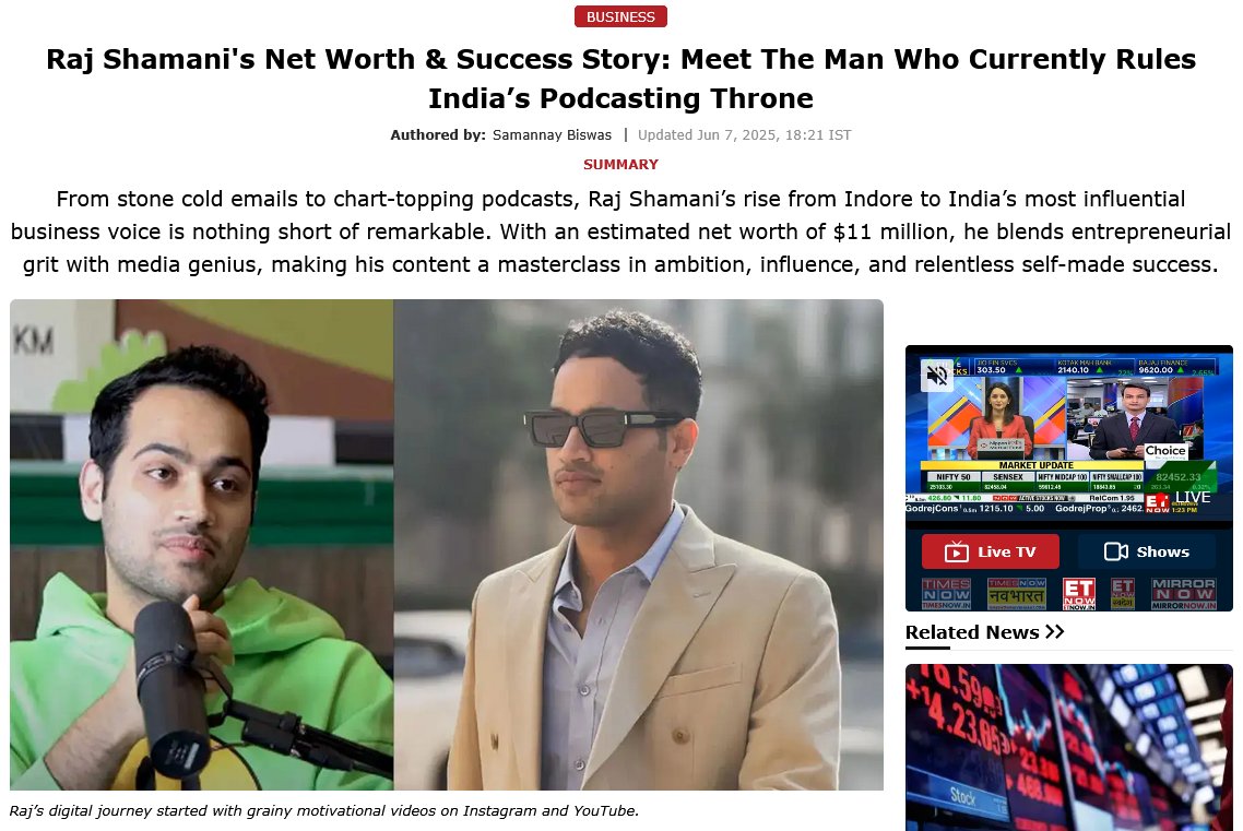 Raj Shamani, who is popularly known as the "Podcast King", has a media empire of 3.77 million YouTube subscribers &amp; 2.6 million Instagram followers. His monthly income exceeds ₹1 crore, with an estimated annual income of ₹15 crore. His Net Worth is ₹91 crore (US$11 million)