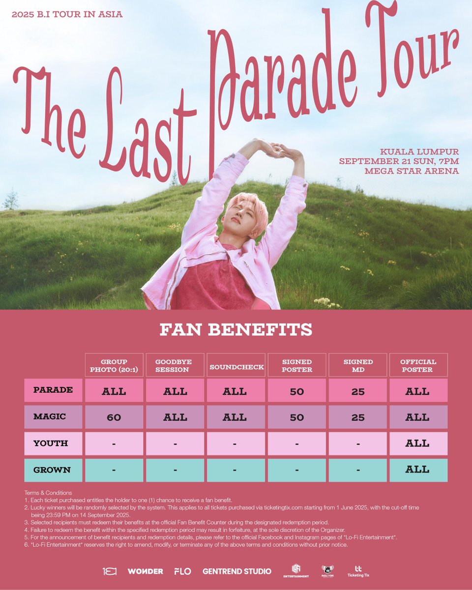 ⋆ ˚｡⋆୨୧˚ [TICKETING SERVICE]

2025 B.I TOUR : The Last Parade Tour in ASIA in KUALA LUMPUR

🎫 General: RM55/S$20 per tix

🔹Service charge is 50% refundable.
🔹Limited slots.

💌 DM quantity to book.

#TheLastParadeTourinKL #BIinKL