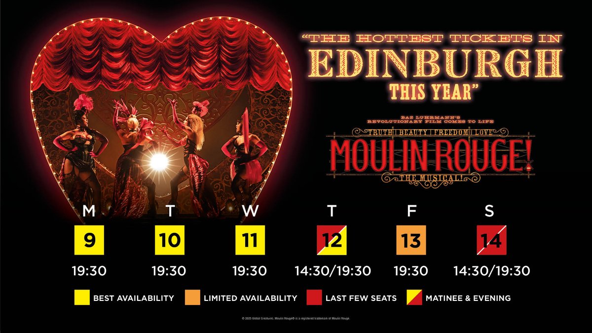 🎭 The Bohemian dream is almost over…💔

We say au revoir to Moulin Rouge! The Musical after 14 June — so if you haven’t joined us under the red windmill yet… 💋 what are you waiting for?

🎟️ atgtix.co/46Ofiio