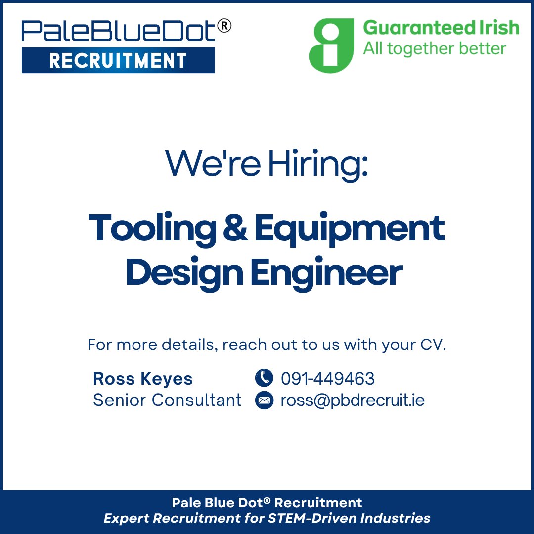Our client, a well-established engineering firm, is seeking a Tooling &amp; Equipment Design Engineer 

Contact Ross or visit pbdrecruit.ie/explorejobs/#j…
for all the details
#PaleBlueDotRecruitment