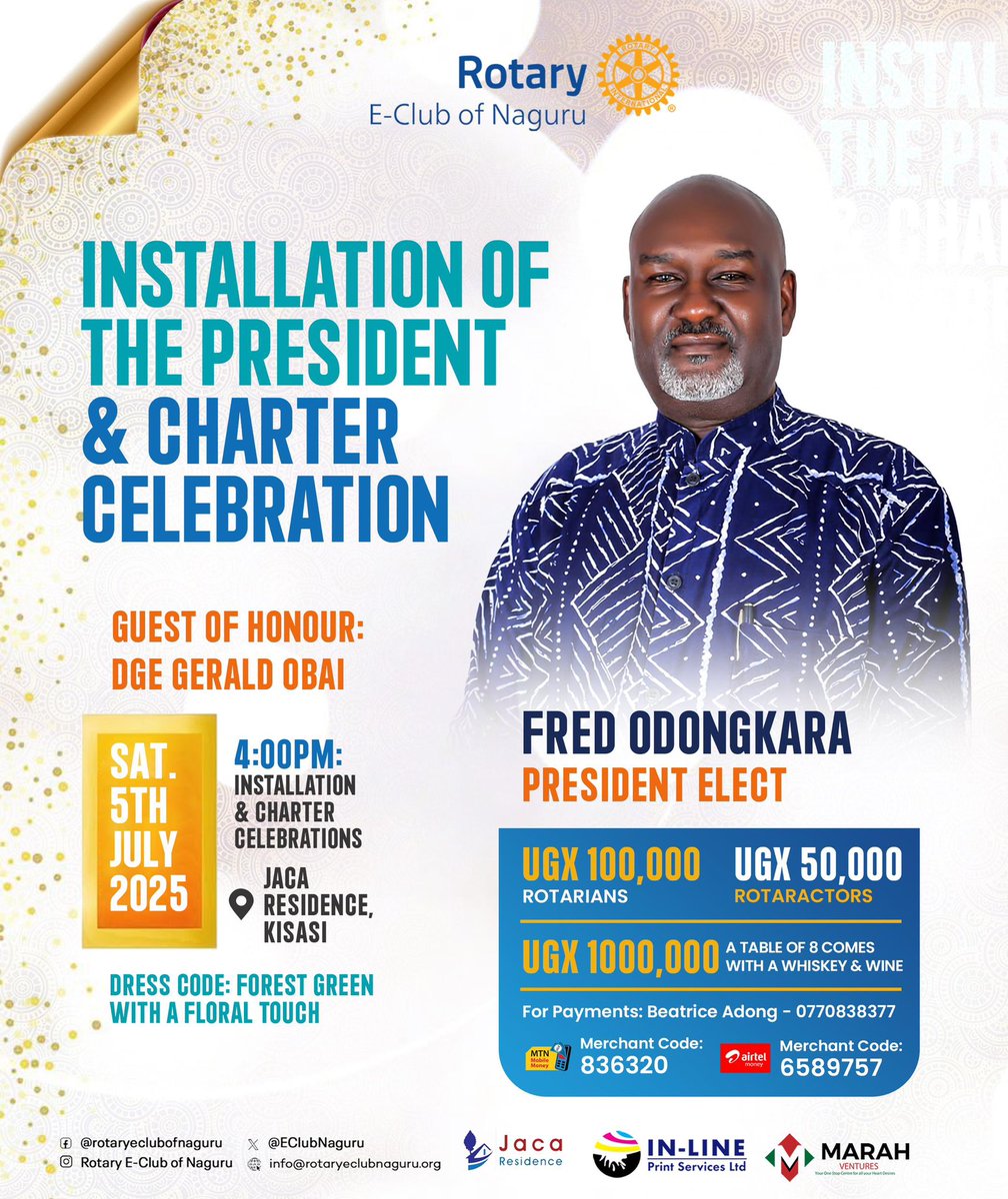 Rotary E-Club (Naguru) (@eclubnaguru) on Twitter photo ๐ Youโre Invited! ๐
Join the Rotary E-Club of Naguru for a day of Service & Celebration on Saturday, 5th July 2025 at Jaca Residence. More details on the flyer. <a href="/GKitakule/">Geoffrey M. Kitakule</a> <a href="/rotaryd9213/">Rotary District 9213</a> <a href="/RotaractD9213/">Rotaract District 9213</a> ๐ Youโre Invited! ๐
Join the Rotary E-Club of Naguru for a day of Service & Celebration on Saturday, 5th July 2025 at Jaca Residence. More details on the flyer. <a href="/GKitakule/">Geoffrey M. Kitakule</a> <a href="/rotaryd9213/">Rotary District 9213</a> <a href="/RotaractD9213/">Rotaract District 9213</a>