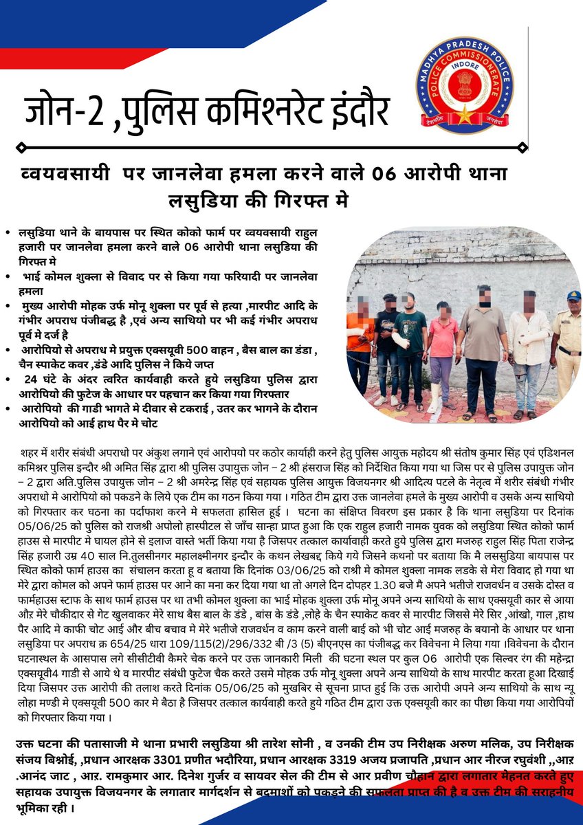 DCP Indore Zone - 2 (@dcpindore_zone2) on Twitter photo рд▓рд╕реВрдбрд┐рдпрд╛ рдерд╛рдирд╛ рдХреНрд╖реЗрддреНрд░ рдореЗрдВ рд╡реНрдпрд╡рд╕рд╛рдпреА рдкрд░ рдЬрд╛рдирд▓реЗрд╡рд╛ рд╣рдорд▓рд╛ рдХрд░рдиреЗ рд╡рд╛рд▓реЗ 06 рдЖрд░реЛрдкрд┐рдпреЛрдВ рдХреЛ рдкреБрд▓рд┐рд╕ рдиреЗ рдХрд┐рдпрд╛ рдЧрд┐рд░рдлреНрддрд╛рд░ ред #indore #police <a href="/CP_INDORE/">Commissioner of Police,Indore</a> <a href="/DGP_MP/">DGP MP</a> <a href="/projsindore/">PRO JS Indore</a> <a href="/JansamparkMP/">Jansampark MP</a> <a href="/MPPoliceDeptt/">Madhya Pradesh Police</a> рд▓рд╕реВрдбрд┐рдпрд╛ рдерд╛рдирд╛ рдХреНрд╖реЗрддреНрд░ рдореЗрдВ рд╡реНрдпрд╡рд╕рд╛рдпреА рдкрд░ рдЬрд╛рдирд▓реЗрд╡рд╛ рд╣рдорд▓рд╛ рдХрд░рдиреЗ рд╡рд╛рд▓реЗ 06 рдЖрд░реЛрдкрд┐рдпреЛрдВ рдХреЛ рдкреБрд▓рд┐рд╕ рдиреЗ рдХрд┐рдпрд╛ рдЧрд┐рд░рдлреНрддрд╛рд░ ред #indore #police <a href="/CP_INDORE/">Commissioner of Police,Indore</a> <a href="/DGP_MP/">DGP MP</a> <a href="/projsindore/">PRO JS Indore</a> <a href="/JansamparkMP/">Jansampark MP</a> <a href="/MPPoliceDeptt/">Madhya Pradesh Police</a>