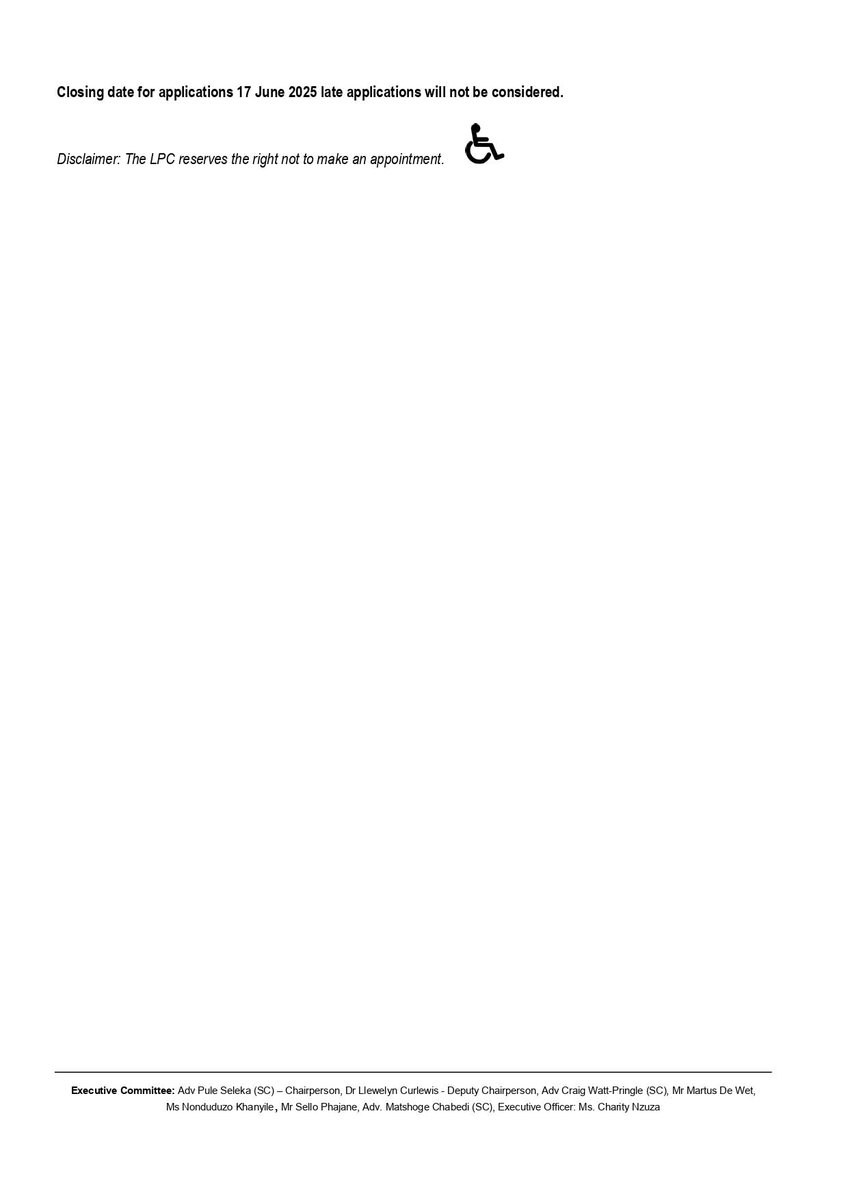 Filing Clerk
Administrator: Regulatory
Manager: Regulatory

Legal Practice Council (LPC) 

17 June 2025