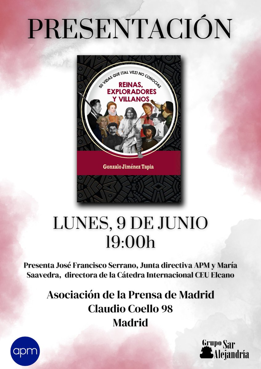🔜 Hoy, a las 19:00 horas, Gonzalo Jiménez Tapia presenta en la APM el libro 'Reinas, exploradores y villanos. 50 vidas que (tal vez) no conocías' cutt.ly/brvLaolW

➡️ El acto de presentación contará con la participación, además del autor, de José Francisco Serrano Oceja