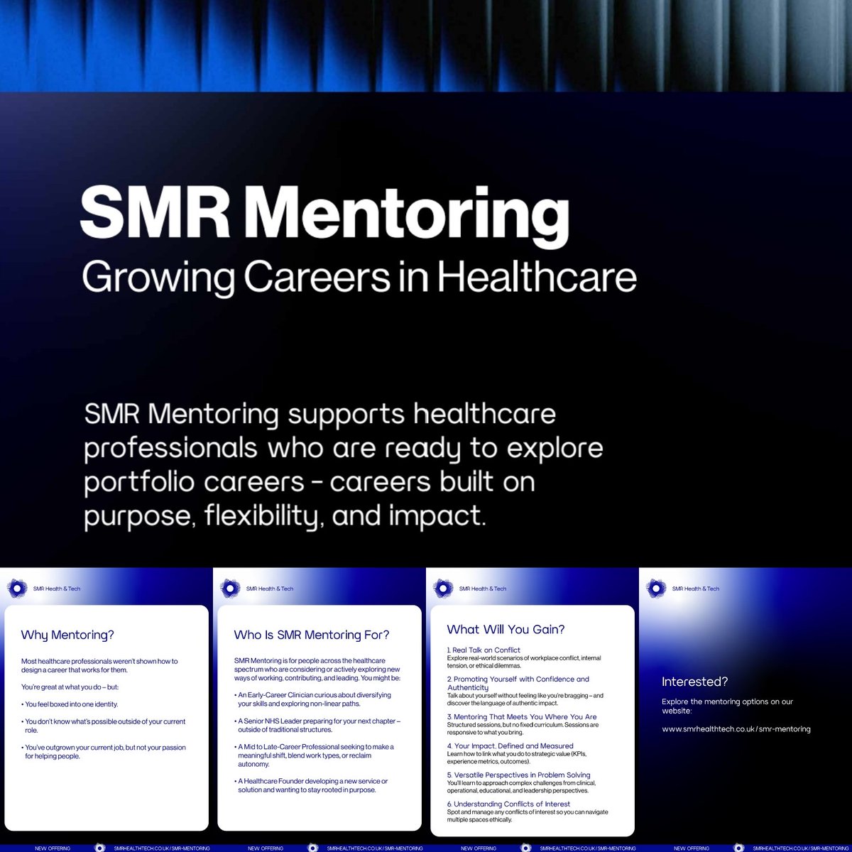 SMR Mentoring: It's Live Today!😎
Aimed at professionals in HealthTech &amp; Healthcare
Whether you're a seasoned expert, an ambitious newcomer, or a company seeking to develop talent
This program offers support, guidance, &amp; career growth opportunities
smrhealthtech.co.uk/smr-mentoring