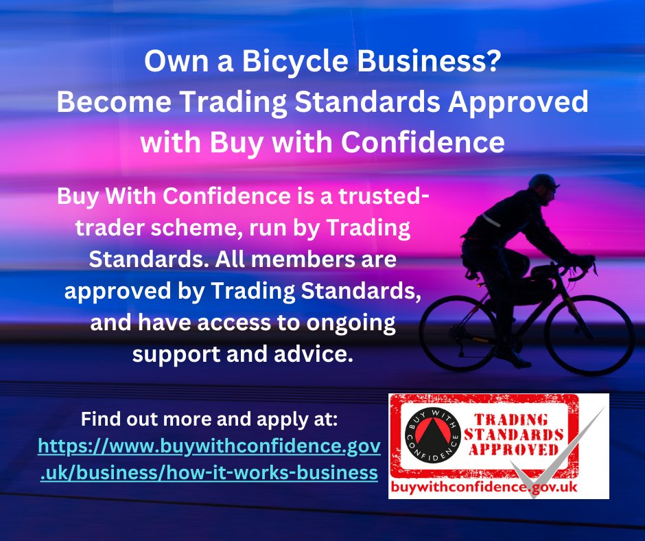 Trading Standards Service-Hampshire County Council (@officialhantsts) on Twitter photo If you own a bicycle business, join Buy With Confidence to become Trading Standards approved. Current member businesses cover areas such as bicycle sales, rental, repairs and maintenance! Find out more and apply at: buywithconfidence.gov.uk/business/how-i… If you own a bicycle business, join Buy With Confidence to become Trading Standards approved. Current member businesses cover areas such as bicycle sales, rental, repairs and maintenance! Find out more and apply at: buywithconfidence.gov.uk/business/how-i…