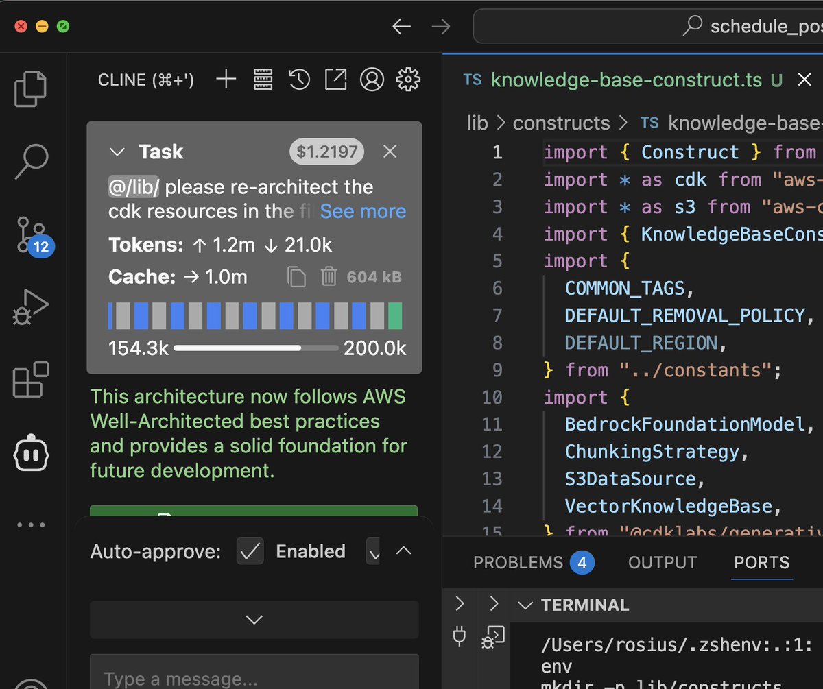 For $1.2, I just transformed a legacy cdk application to follow Modern CDK practices and AWS well architected framework using Cline + AWS CDK MCP server.

Doing this manually would’ve been a real painful process.

True power of MCP Servers