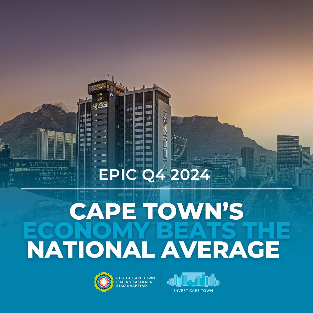 Cape Town’s economy grew by 0.8% in Q4 2024, beating SA’s 0.6% avg.

Finance &amp; business services drove this momentum.

More stats in our EPIC report: shorturl.at/D9rch

#InvestCapeTown #EPICInsights