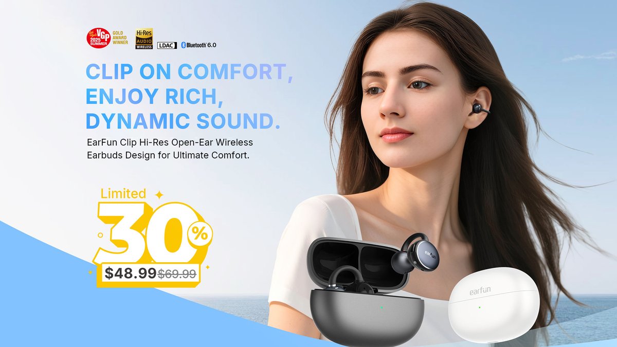 EarFun Official (@earfunaudio) on Twitter photo ๐ง New drop: EarFun Clip
Open-ear. Clip-on. Zero pressure. All freedom.
โ๏ธ Clip-on fit
โ๏ธ 40H playtime
โ๏ธ IP55 water & dust resistant
โ๏ธ Big sound, bold bass with BassSurgeโข Tech
๐ฅ 30% OFF Early Bird โ b.link/tzs41sii
#EarFunClip #ClipOnAndGo #MoveFreeHearMore ๐ง New drop: EarFun Clip
Open-ear. Clip-on. Zero pressure. All freedom.
โ๏ธ Clip-on fit
โ๏ธ 40H playtime
โ๏ธ IP55 water & dust resistant
โ๏ธ Big sound, bold bass with BassSurgeโข Tech
๐ฅ 30% OFF Early Bird โ b.link/tzs41sii
#EarFunClip #ClipOnAndGo #MoveFreeHearMore