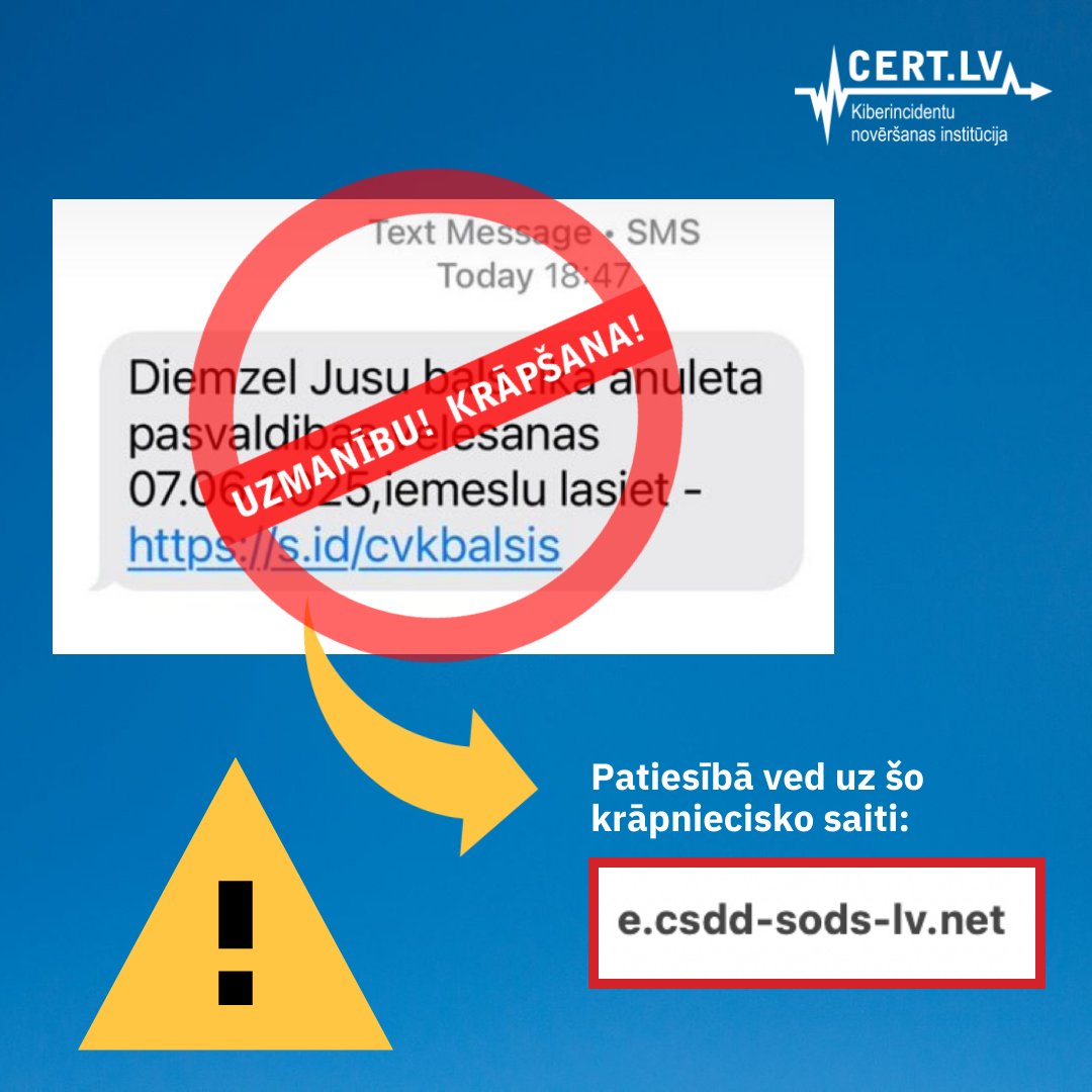 1/2‼️Uzmanību! Krāpnieki izmanto vēlēšanu tematiku, lai izsūtītu iedzīvotājiem viltus SMS, ka viņu balss ir anulēta un izgūtu bankas datus.

Piebilde: domēna vārds “s.id” ir leģitīms saišu saīsināšanas serviss, kas patiesībā aizved uz zemāk redzamo saiti ⬇️