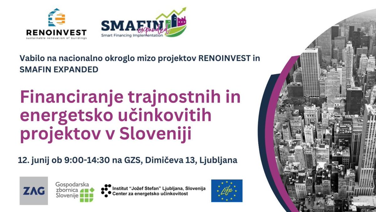 Bliža se brezplačni dogodek FINANCIRANJE TRAJNOSTNIH IN ENERGETSKO UČINKOVITIH PROJEKTOV V SLOVENIJI.
𝐊𝐝𝐚𝐣: četrtek, 12. 6. 2025
𝐊𝐣𝐞: GZS, Dimičeva 13, Ljubljana
𝐊𝐚𝐣: Izzivi financiranja, možnosti izboljšanja dostopa do financ &amp; konkretne rešitve
tinyurl.com/4hwbbab2