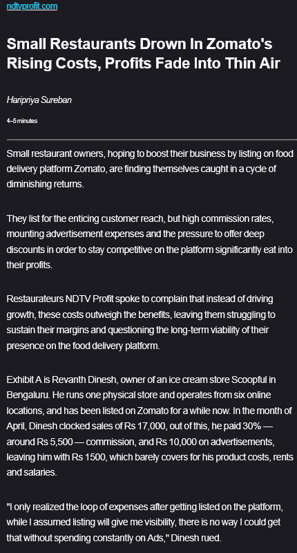 Rapido is entering into direct competition with Zomato &amp; Swiggy by offering to deliver food for a flat fee of ₹25 for orders upto ₹400 &amp; ₹50 for orders above that. Swiggy &amp; Zomato charge fees ranging from 10% to 28%. Many restaurants are fed up of Zomato &amp; Swiggy price-gouging