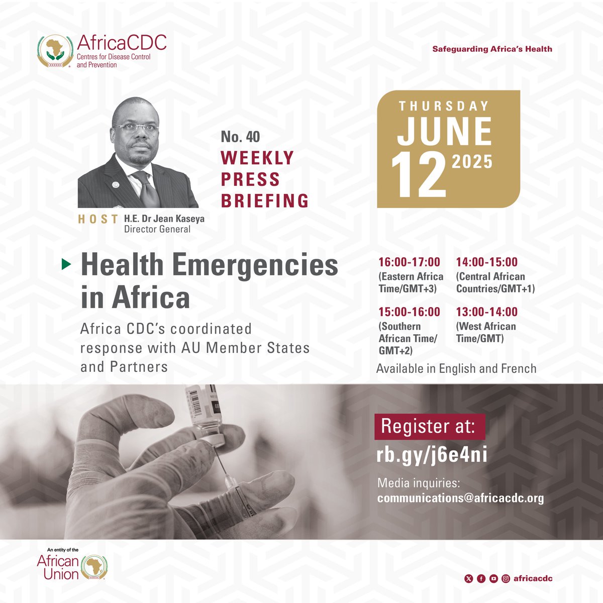 Join us this Thursday for a live press briefing with <a href="/AfricaCDC/">Africa CDC</a> Director General, <a href="/Dr_JeanKaseya/">Dr Jean Kaseya</a>, as he delivers critical updates on health emergencies in Africa.

📅 Date: Thursday, 12 June 2025
🕒 Time:
•⁠  ⁠16:00 | Eastern Africa Time (GMT+3)
•⁠  ⁠15:00 | Southern Africa