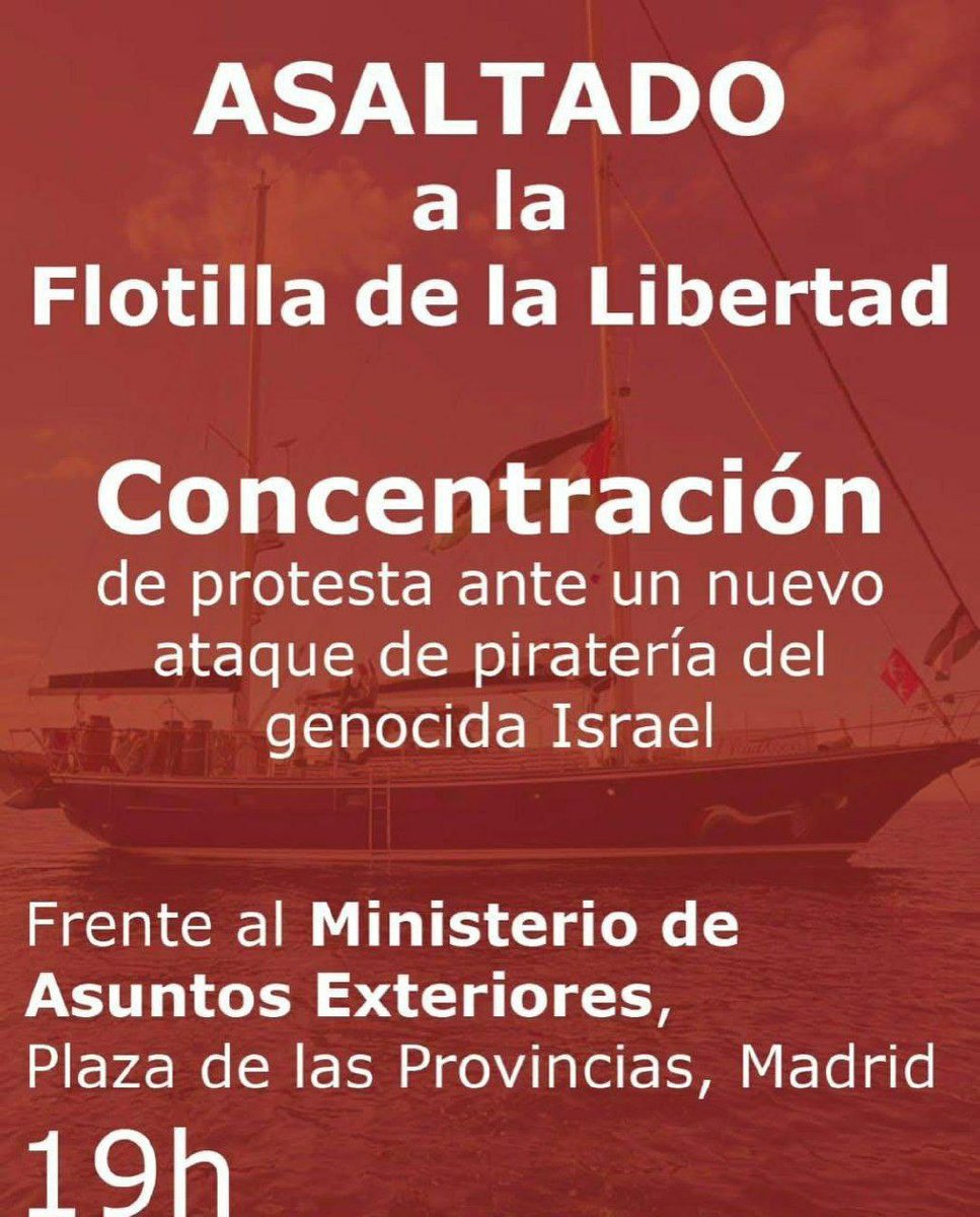 ❗️Concentración de urgencia hoy por el asalto del barco Madleen, de <a href="/GazaFFlotilla/">Freedom Flotilla Coalition</a>, y el secuestro de 12 activistas a bordo que llevaban ayuda humanitaria hacia Gaza.

🗓️9 de junio
📍Plaza de Provincias, frente a Ministerio de Exteriores
⏰19:00h

🇵🇸¡Que viva Palestina Libre!🇵🇸
