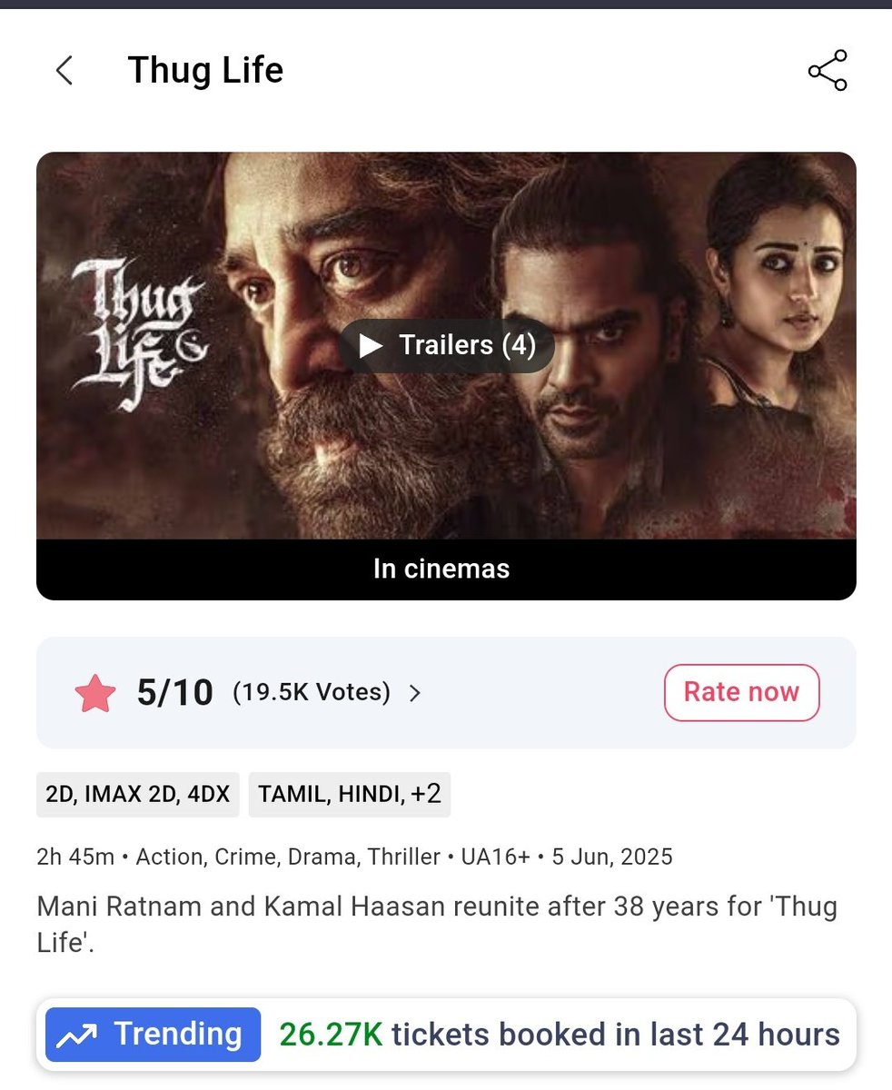LetsOTTWorld's tweet photo. Thuglife Monday Test Already Failed π
Total Tickets Booked in BMS - 700K
#TicketsNew ππΌ #DistrictApp ππΌ Poor Walkins ππΌππΌ
Any Possibilities That Movie Can Touch 1M Tickets #BMS ?
#Thuglife https://t.co/8GTWCMeKOr