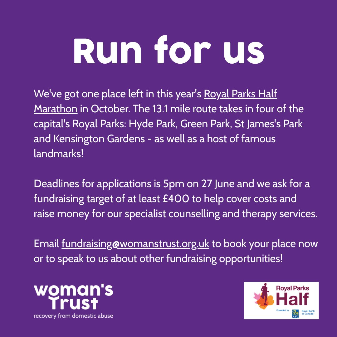 Woman's Trust (@womanstrust) on Twitter photo Quick - we've got one place left in this year's <a href="/RoyalParksHalf/">Royal Parks Half</a>. If you'd like to support our work providing free and specialist long-term mental health support for domestic abuse survivors, then drop us a message now š
#vawg #womenwhorun #GiveSurvivorsHope Quick - we've got one place left in this year's <a href="/RoyalParksHalf/">Royal Parks Half</a>. If you'd like to support our work providing free and specialist long-term mental health support for domestic abuse survivors, then drop us a message now š
#vawg #womenwhorun #GiveSurvivorsHope