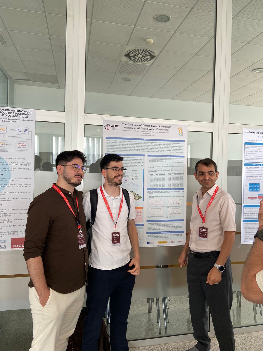 🔍 Nuestro poster “El lado oscuro de los Gemelos Digitales: Ataques adversarios en IA-forecasting” mostró cómo FGSM, PGD y Learning Automata elevan el MAPE del 26% al 35%. Propuesta con AMBLING y UEX crea DTs reales para descubrir vulnerabilidades en sistemas hídricos.