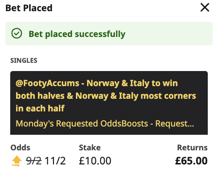 FootyAccums's tweet photo. 👊 11/2 DOMINATION BOOST FOR TONIGHT IS HERE! 

Boosted link HERE 👇 https://t.co/kvuSVuru6t

🇳🇴 Norway to win both halves
🇳🇴 Norway most corners in each half
🇮🇹 Italy to win both halves
🇮🇹 Italy most corners in each half

Ad 18+ https://t.co/bJsTBw34Uu https://t.co/ofu8kZqJqE