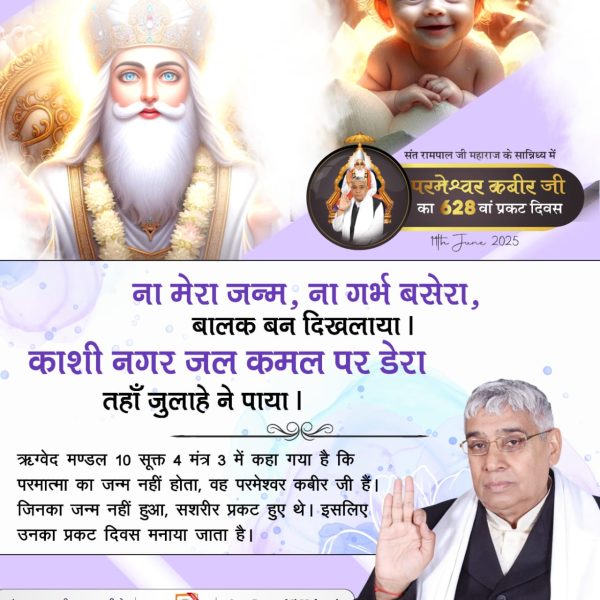 #कबीरसाहेब_प्रकटदिवस

2Days Left Kabir Prakat Diwas♦️ कबीर परमात्मा अपने सतलोक से चलकर आते हैं और अपनी प्यारी आत्माओं को ज्ञान बताते हैं। मां के गर्भ से जन्म नहीं लेते