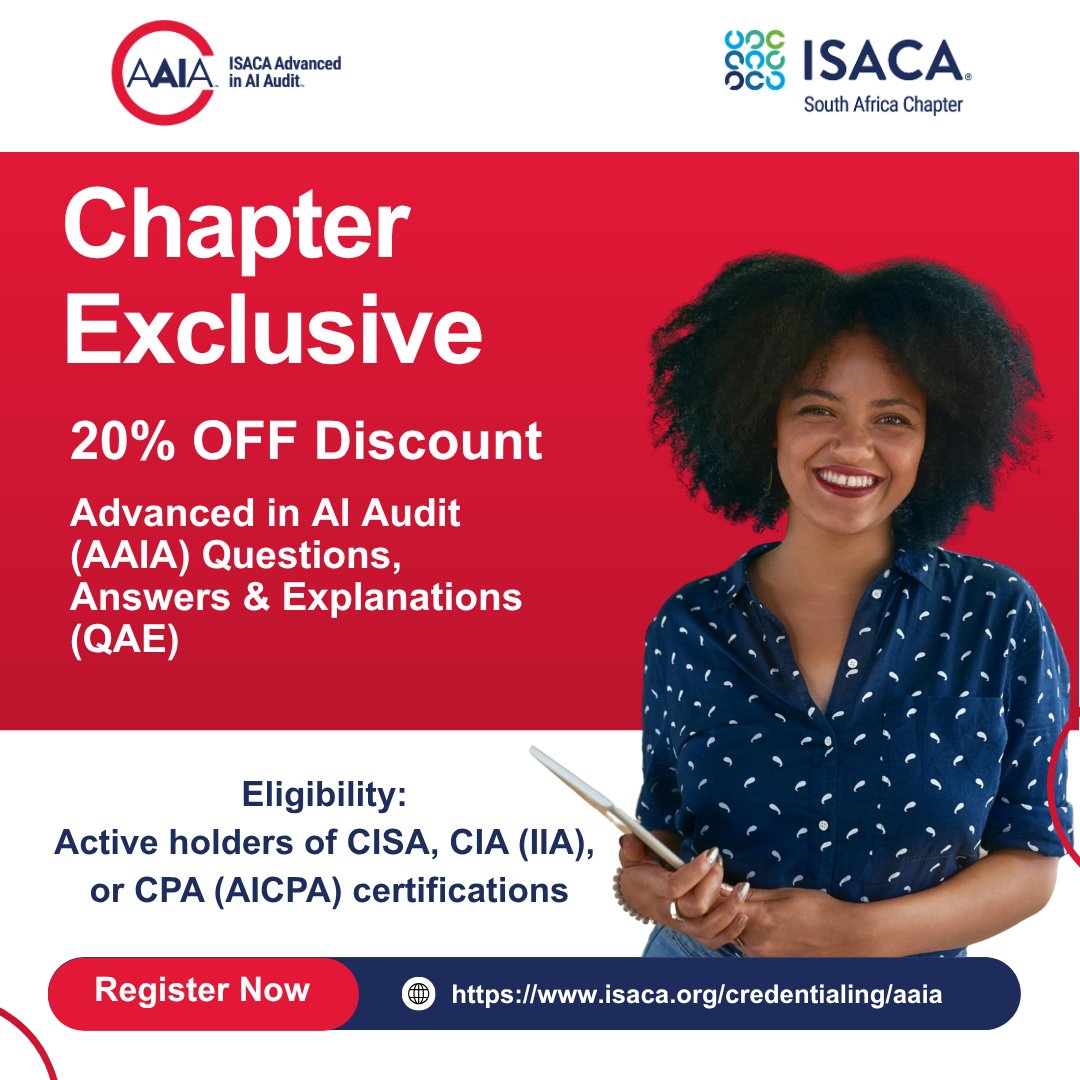 As a token of appreciation, ISACA South Africa Chapter members receive an extra 20% off the AAIA Questions, Answers &amp; Explanations (QAE) resource.

Offer valid until 31 July 2025.
Purchase QAE: isaca.org/store

#ISACASA #AAIA #AIAudit #DigitalTrust #Cybersecurity