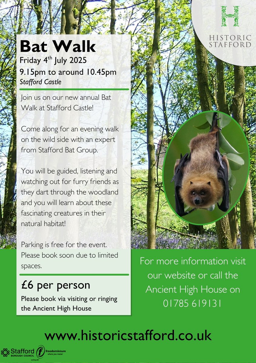 Ever wanted to learn more about Bats? 🦇

Join an expert guide for our new annual Bat Walk at Stafford Castle!

The walk is on Friday 4th July from 9.15pm to around 10.45pm at the cost of £6 per person

Book by visiting or calling the Ancient High House on 01785 619131

#batwalk