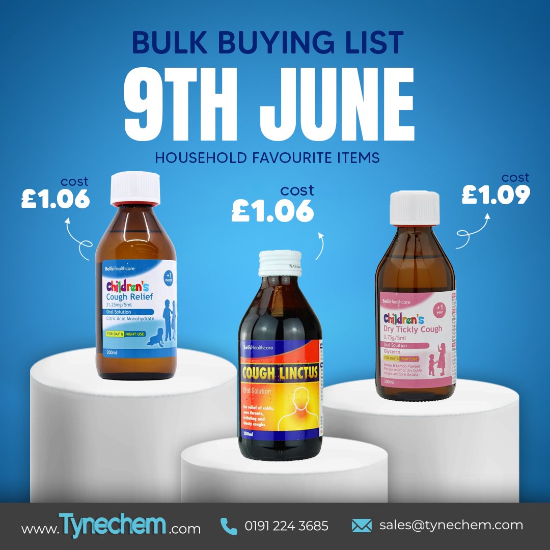 🛒 Tynechem’s 9th June Bulk Buy List is live!

Take a look at our Bells Healthcare cough relief range below and stock up now.

📥 Download the full list:
👉 tynechem.com/wp-content/upl…
#PharmacySupplies #BulkBuy #CoughRelief #BellsHealthcare #Tynechem