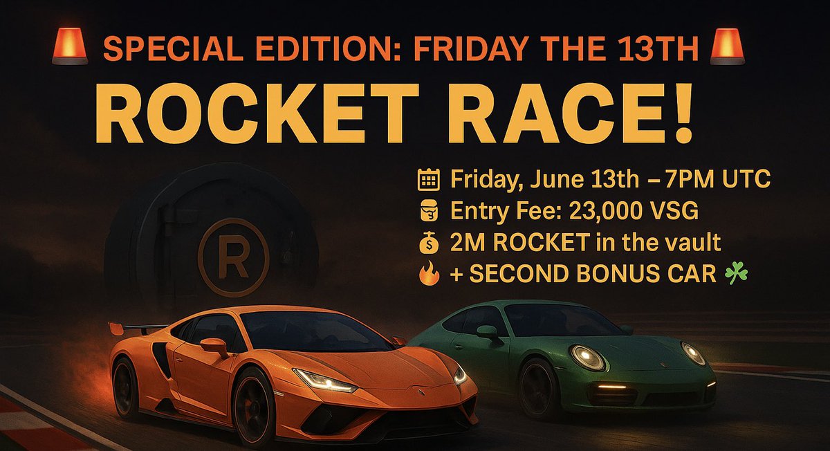 🚨 SPECIAL EDITION: Friday the 13th Rocket Race! 🚨
📅 Friday, June 13th – 7PM UTC
🎟️ Entry: 23,000 $VSG
📥 Deposit: 0x1622b147cc198ee2FaAcd2b78ae14741a875e48d

💰 2M $ROCKET in the vault
🎲 Chance to 2x the whole prize pool!

💀 Friday the 13th is known for bad luck…
🔥 So