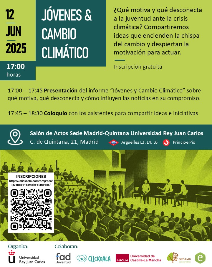El 12 de junio presentaremos el estudio "Jóvenes y #CambioClimático". ¿Te animas a participar en el coloquio posterior? ¡Inscripciones abiertas! bit.ly/4mQSRAz

📍Madrid, <a href="/urjc/">URJC</a> 
⏰ 17h