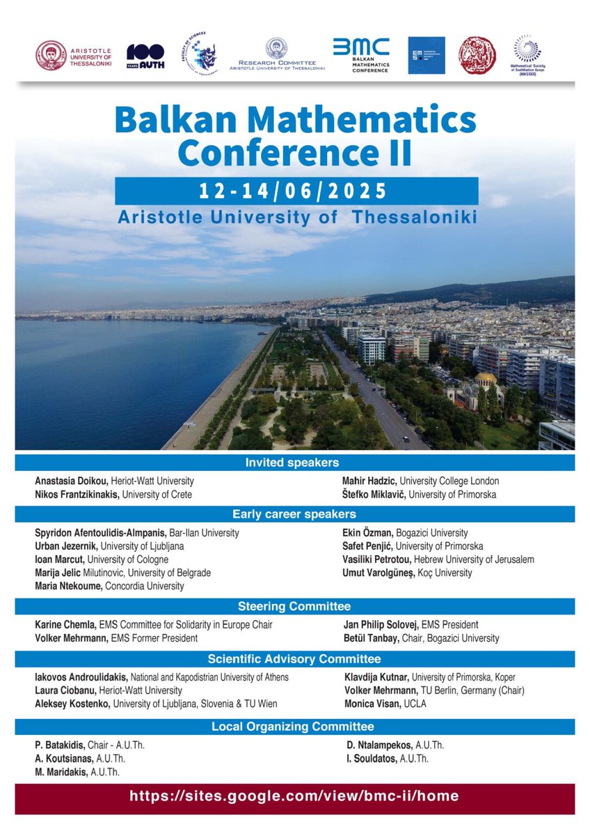 İkincisi düzenlenecek olan Balkan Matematik Konferansı II, 12-14 Haziran 2025 tarihleri arasında Yunanistan’daki Selanik Aristo Üniversitesi’nde gerçekleştirilecektir.

tmd.org.tr/balkan-matemat…