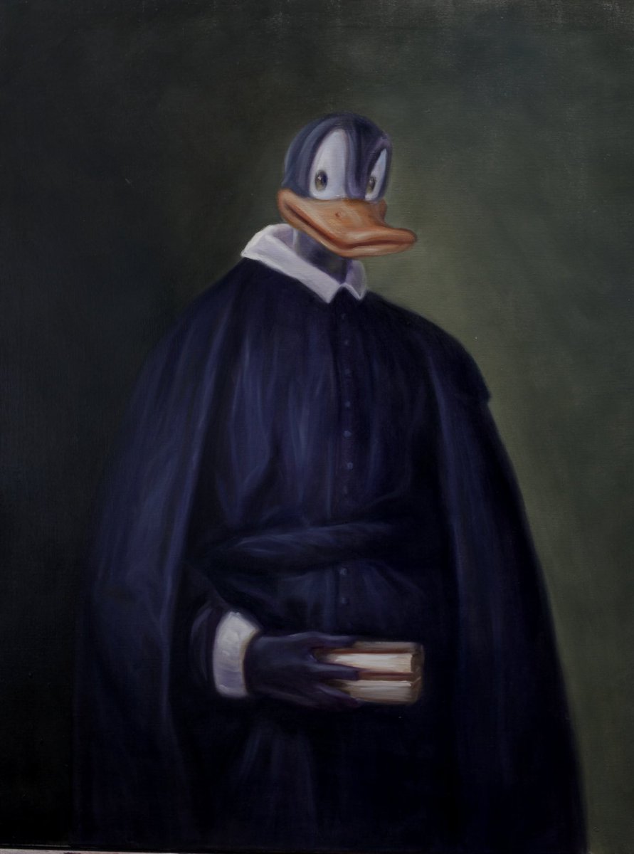 KajStenvall's tweet photo. ” If I Don’t Read, My Soul Will Be Lost ”, 2025, oil on canvas, 90 x 70 cm. #art #oilpainting #stopputin #contemporaryart #gospel #reading #ArtistOnX #artistsontwitter #popart #disney #black #duck #soul #kajstenvall https://t.co/9RGaxZkNo5