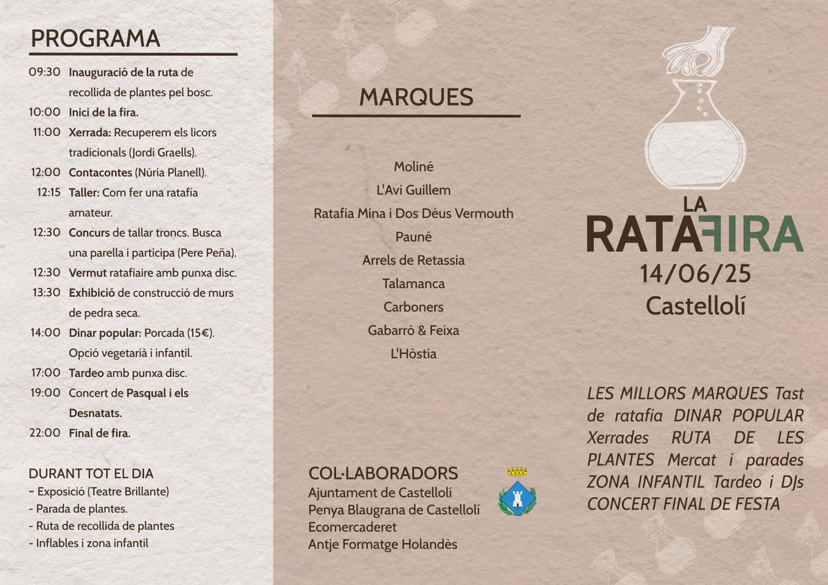 castelloli's tweet image. 📅 Aquest dissabte 14 de maig, arriba la #Ratafira a #Castellolí! Tallers, exposicions, ratafia, vermut, música i activitats infantils tot el dia! 🥃🎶🌿

info 👉 castelloli.cat