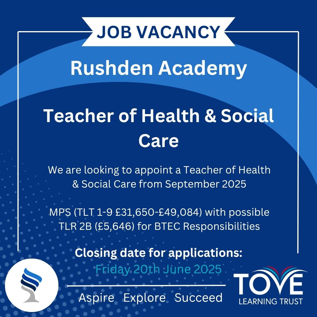 We are hiring! Have a look at our website for more information and the application form. rushden-academy.net/index.php/abou… #TeamRushden #AspireExploreSucceed