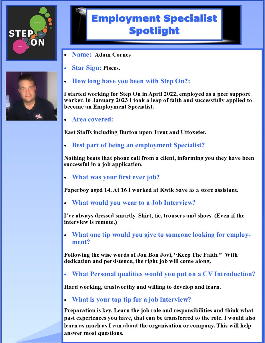 Meet our team! 
Once a month we will be posting info and tips from a member of the team

This month Employment Specialist Adam has given some great feedback on top tips for employment!

<a href="/IPSGrow/">IPS Grow</a> 
<a href="/mpftnhs/">Midlands Partnership University NHS FT</a> 
<a href="/CombinedNHS/">CombinedNHS</a> 
#employment
#employmentsupport