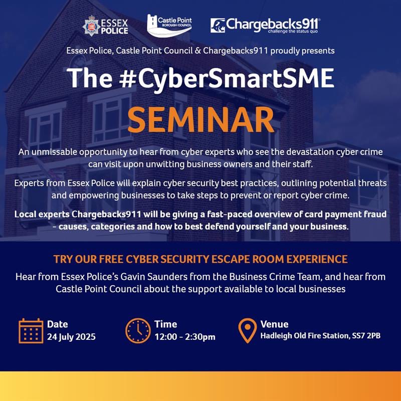 Join us for a seminar on cyber crime with <a href="/EssexPoliceUK/">Essex Police</a> &amp; <a href="/CastlePointBC/">Castle Point Borough Council</a> ! Learn to protect yourself &amp; your business from online threats on July 24, 2025, at 12pm, Hadleigh Old Fire Station, Benfleet. Secure your spot now: eventbrite.co.uk/e/how-to-stay-…

#CyberSecurity #StaySafeOnline