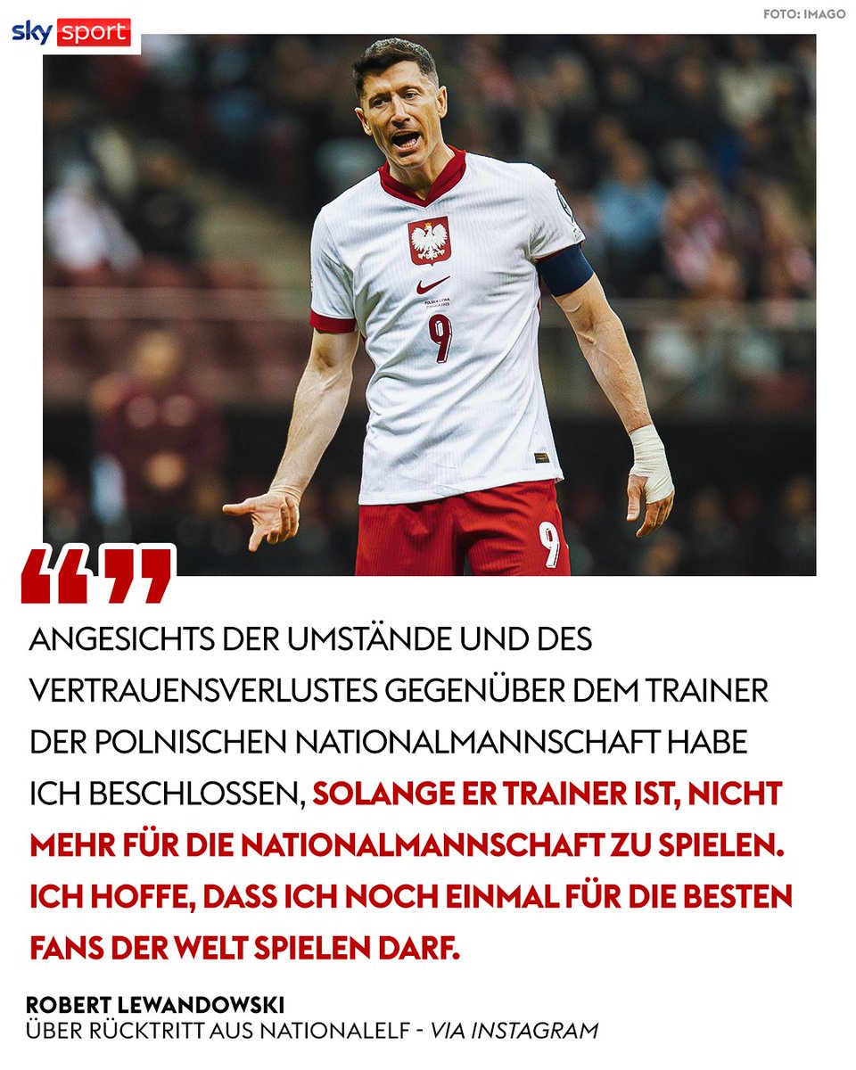 Robert Lewandowski wird vorerst nicht mehr für Polen spielen! 👀 🚨 

↪️ Als Grund für diese Entscheidung führte der 36-Jährige die Zusammenarbeit mit dem aktuellen Nationaltrainer Michał Probierz an.

#SkySport #Lewandowski