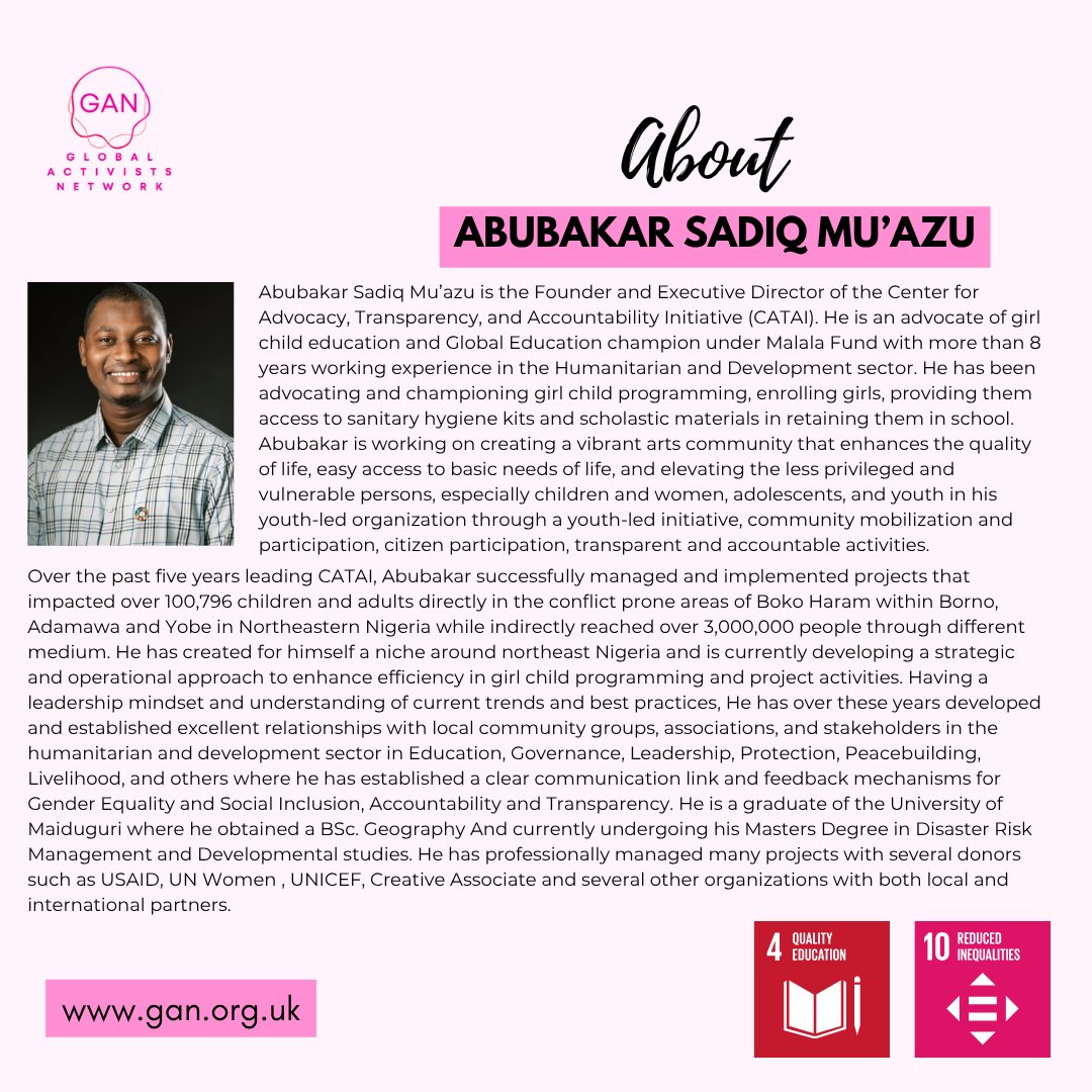 #ChangemakerSpotlight: Abubakar Sadiq Mu'azu 📍 

From the heart of #Borno Nigeria to the frontlines of humanitarian service, <a href="/AS_MUAZU/">Abubakar Sadiq Mu'azu</a> is empowering girls, lifting vulnerable communities, and building a future where no child is left behind.

As Executive Director of @cataicenter