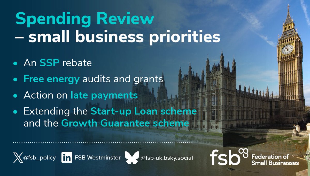 💷 Public finances are on a knife edge, and business confidence is in the doldrums.

👩🏽‍🔧 The Spending Review must target everyday entrepreneurs, they can generate wealth, growth and jobs.

➡️Here’s what we’re calling for:

Read the media release: fsb.org.uk/media-centre/p…