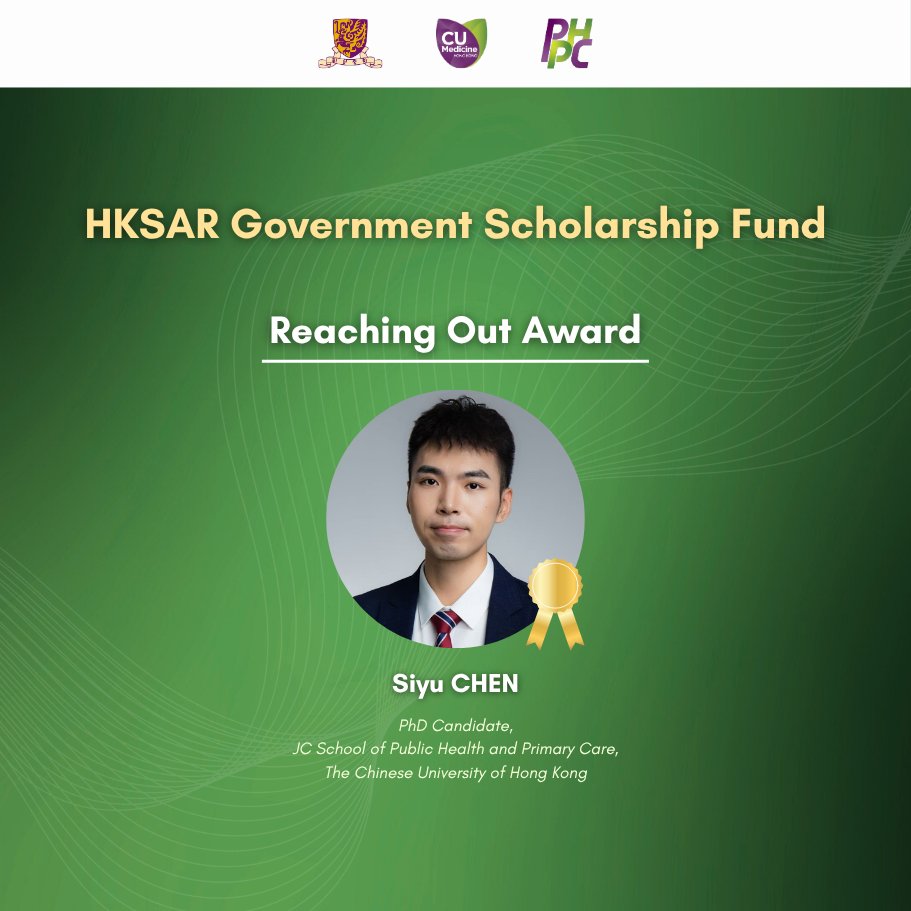 CUHK JC School of Public Health and Primary Care (@cuhksphpc) on Twitter photo Our warmest congratulations to Mr. Siyu Chen, #PhD candidate in Public Health, for winning the Reaching Out #Award provided by the HKSAR Government #Scholarship Fund for his four-month visit in <a href="/Yale/">Yale University</a> . Read his story: lnkd.in/gqHDajb9
#CUHK #International #AI #chatbot #HIV Our warmest congratulations to Mr. Siyu Chen, #PhD candidate in Public Health, for winning the Reaching Out #Award provided by the HKSAR Government #Scholarship Fund for his four-month visit in <a href="/Yale/">Yale University</a> . Read his story: lnkd.in/gqHDajb9
#CUHK #International #AI #chatbot #HIV