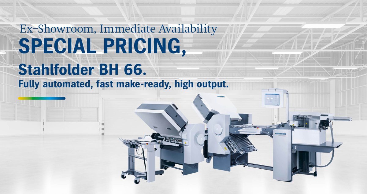 Heidelberg UK (@heidelberguk) on Twitter photo We're offering our ex-showroom Stahlfolder BH 66 at an exclusive price!
✅ Showroom condition
✅ Well-maintained
✅ Available immediately
✅ Incredible value
Contact Kit Cameron Marwa for more information:
tel. +44 (20) 8490 3617
kit-cameron.marwa@heidelberg.com
#HEIDELBERGUK We're offering our ex-showroom Stahlfolder BH 66 at an exclusive price!
✅ Showroom condition
✅ Well-maintained
✅ Available immediately
✅ Incredible value
Contact Kit Cameron Marwa for more information:
tel. +44 (20) 8490 3617
kit-cameron.marwa@heidelberg.com
#HEIDELBERGUK