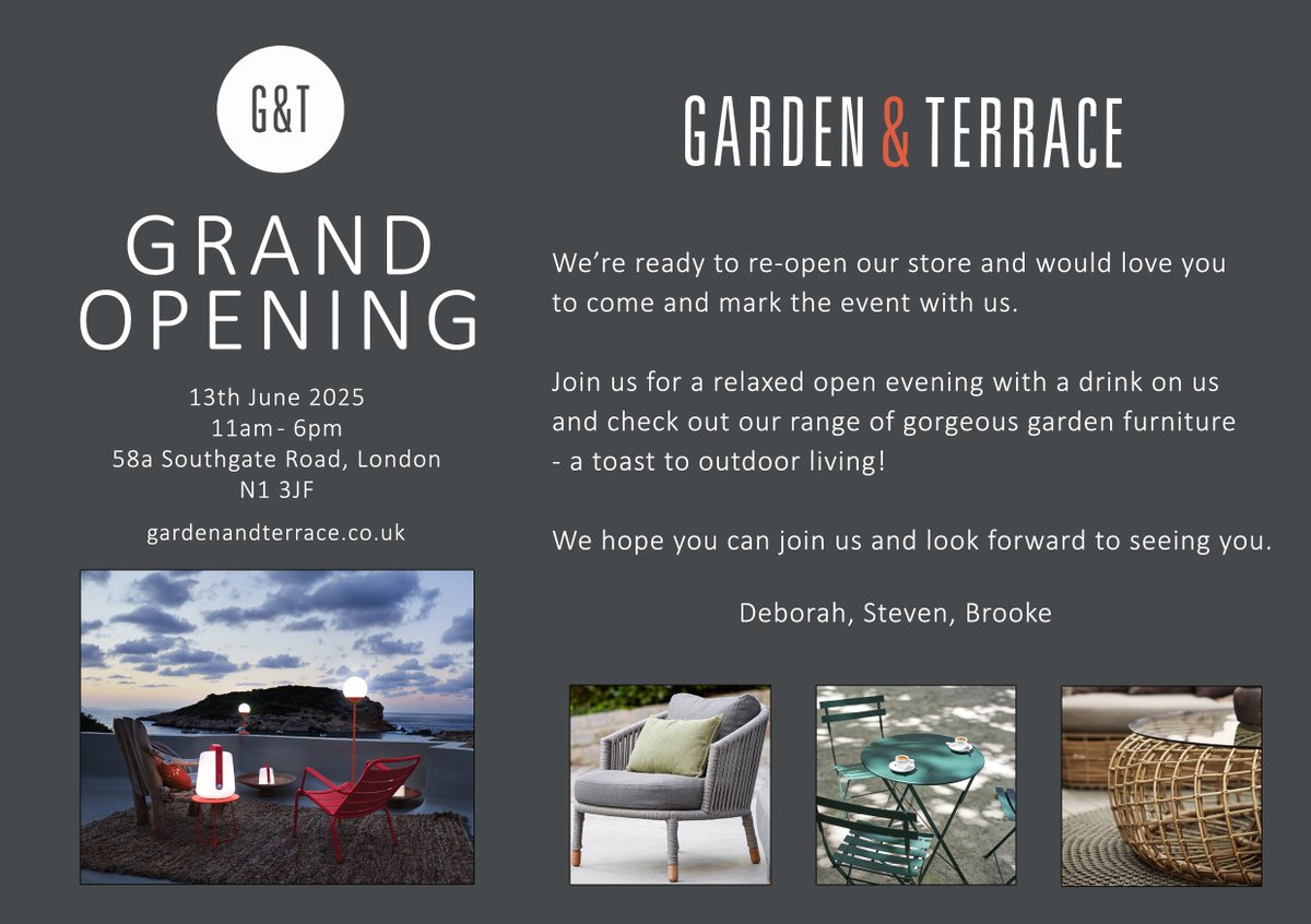 Save the date… 💌

Garden &amp; Terrace, our commercial tenant at 58 Southgate Road, is preparing to host a grand opening on Friday 13th June!

The team will be welcoming guests from 11am-5pm, giving them the chance to explore the space with a drink and canapes in hand. 🥂