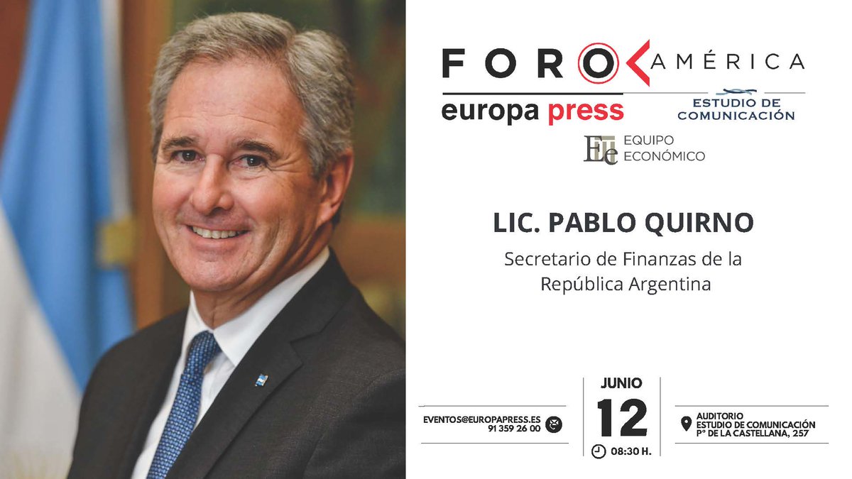 Estudio de Comunicación (@estcomunicacion) on Twitter photo El próximo 12 de junio a las 8:30 h, tenemos una nueva cita en Foro América.
Nos acompañará el Lic. <a href="/pabloquirno/">Pablo Quirno</a>, Secretario de Finanzas de la República Argentina.
📍 Auditorio de Estudio de Comunicación
📩 eventos@europapress.es El próximo 12 de junio a las 8:30 h, tenemos una nueva cita en Foro América.
Nos acompañará el Lic. <a href="/pabloquirno/">Pablo Quirno</a>, Secretario de Finanzas de la República Argentina.
📍 Auditorio de Estudio de Comunicación
📩 eventos@europapress.es