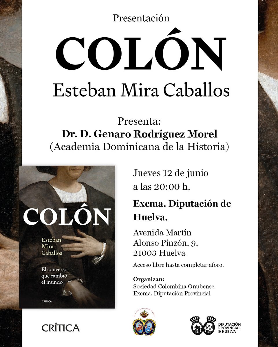 Os anuncio la primera presentación de mi libro que será este jueves a las 20 h en la Diputación Provincial de Huelva. Siempre soñé con hacer la primera presentación en Huelva, donde se gestó una de las mayores aventuras navales de la historia.