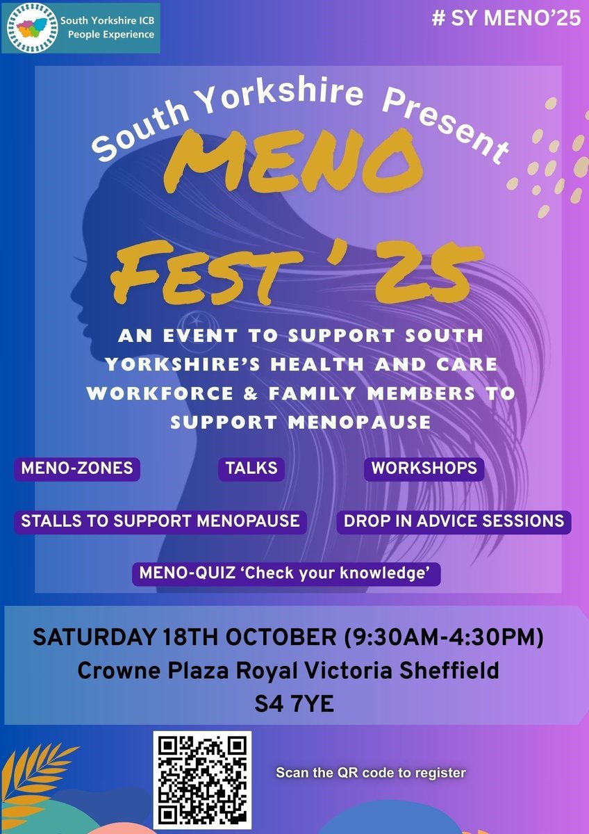 South Yorkshire ICS presents Menofest 2025 Festival!! This will be taking place at the Crowne Plaza (Royal Victoria),  Saturday 18th October 9.30 - 4.30pm! There will be lots of activities throughout the day. For more information and to book bookwhen.com/sybics-hwbeven…