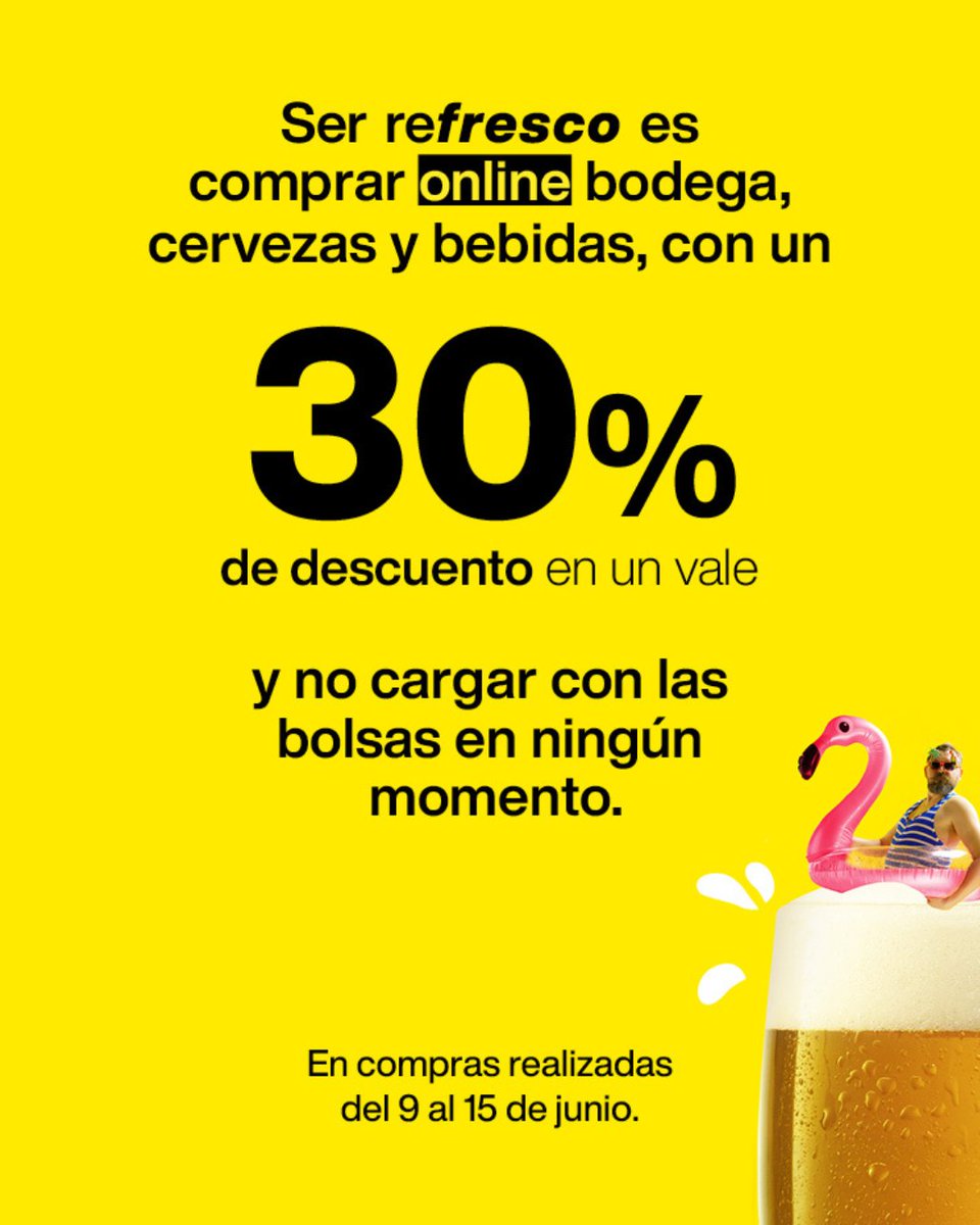 Esta semana disfruta de un 30% de DESCUENTO al comprar online BODEGA, CERVEZA y BEBIDAS

Porque esperar a la compra fresquito en casa y no cargar con las bolsas, es de ser reFRESCO. ¡Claro que sí! 😉

Más info: tinyurl.com/26turd8u
