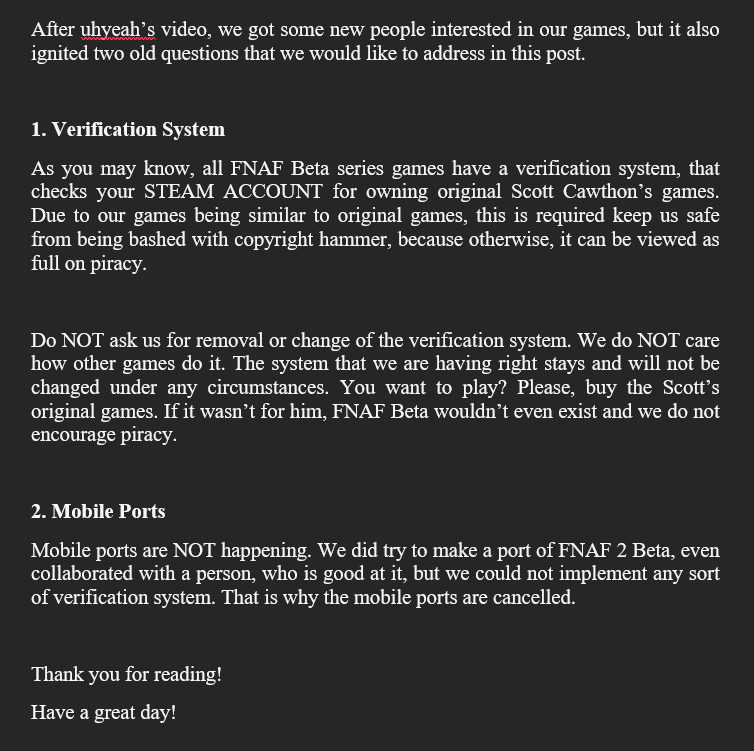 Good day! 
This is some important stuff regarding FNAF Beta. Please read. #FNAF